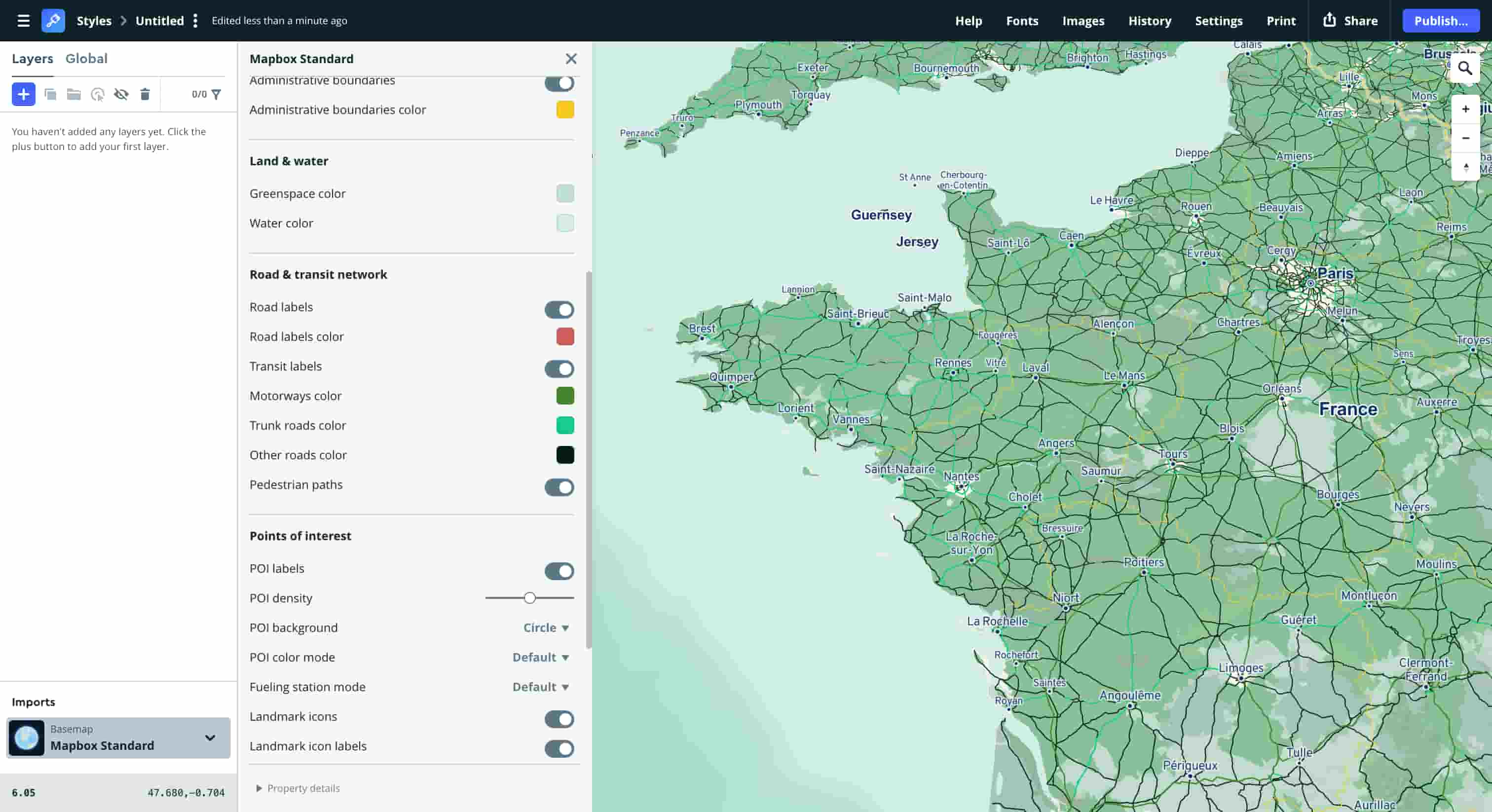 Tutorial exploration 10 – Experimenting with mapbox colours, fonts, and road & transit network